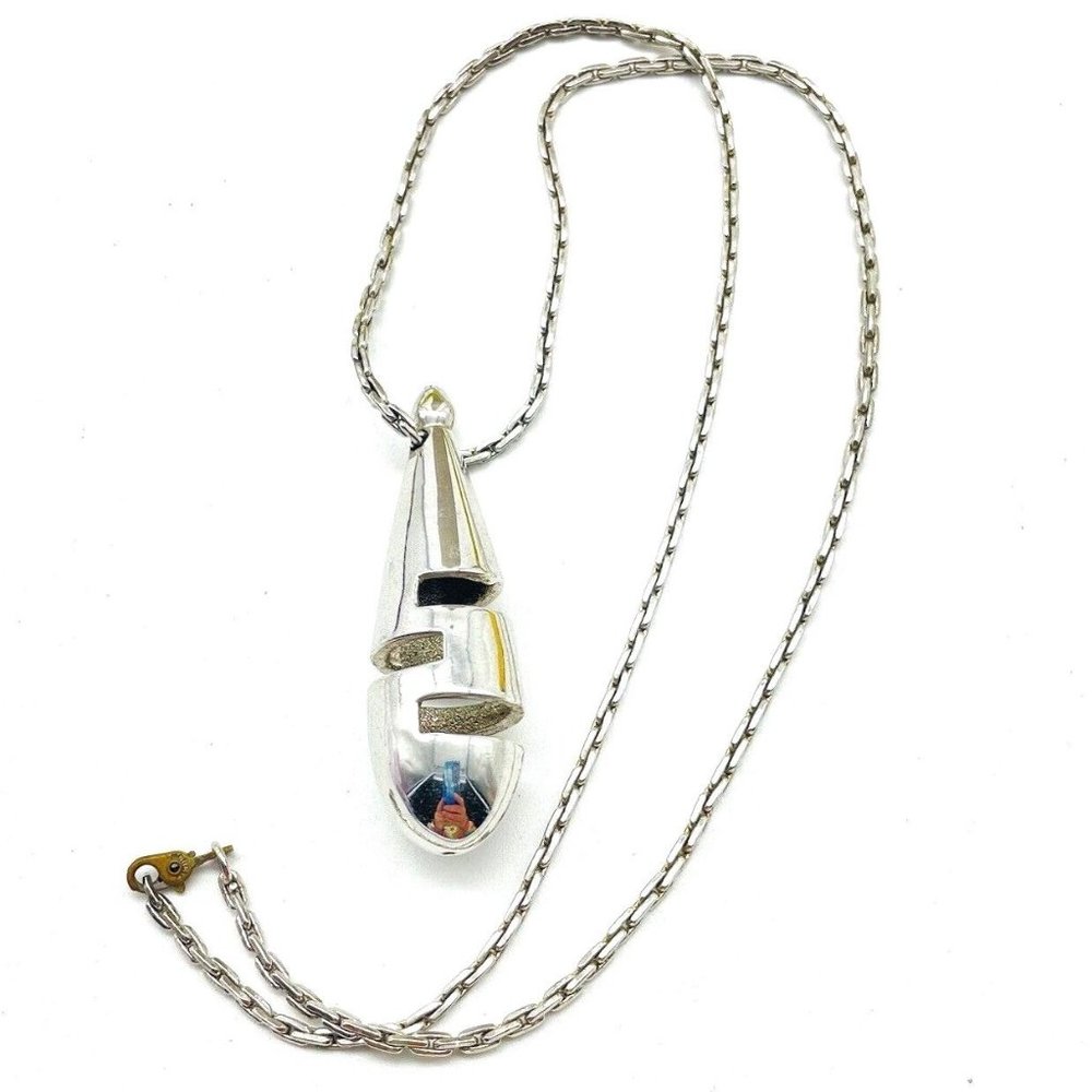 Sculptural Charm Necklace Silver Tone Modernist Industrialist Classic Career
